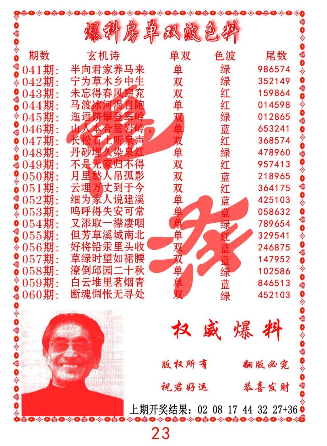 042期爆料房单双波色料[图]